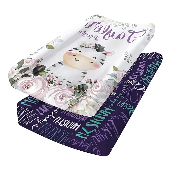 Custom Changing Pad Cover Set - Jersey Knit Ultra Soft Unisex Waterproof Diaper Changing Table Covers with Personalized Name for Baby Boys Girls - Comfy Cozy 2 Pcs Set Style03