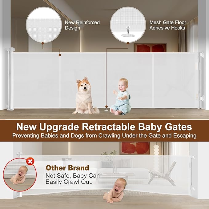 200 inch Retractable Baby Gates 37 inch Tall, Retractable Gate with Reinforced Strip Design to Prevent Crawling Through, 16 FT Outdoor Retractable Gates, Extra Wide Retractable Gate for Garage