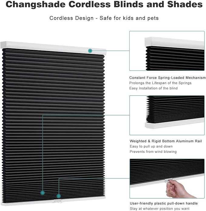 Changshade Cordless Cellular Shades, Blackout Honeycomb Shades for Windows, Pull Down Pleated Blinds, Easy to Install for Indoor Windows and French Doors,30" W x 48" H, Black