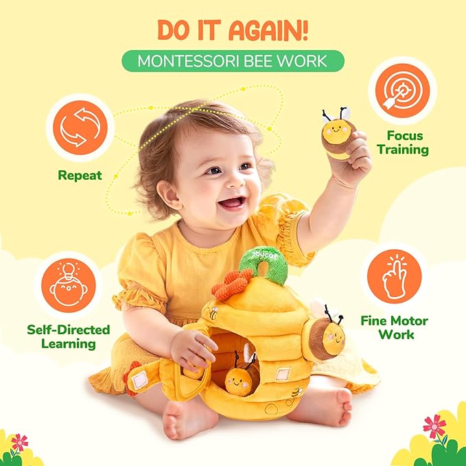 JoyCat 6 Month Old Baby Toys, Flower Beehive with 5 Stuffed Sensory Bees, Crinkle, Rattle, Mirror, Montessori Toys for 6-10 Months Old Babies, Infant Toys Baby Shower Birthday