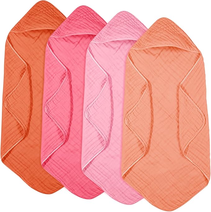 Peryiter 4 Pcs Muslin Hooded Baby Towels 32x32inch Cotton Newborn Bath Essentials Muslin Infant Blankets Absorbent Registry Baby Shower Present for Babies Girl Boy Kids (Rainbow Colors)