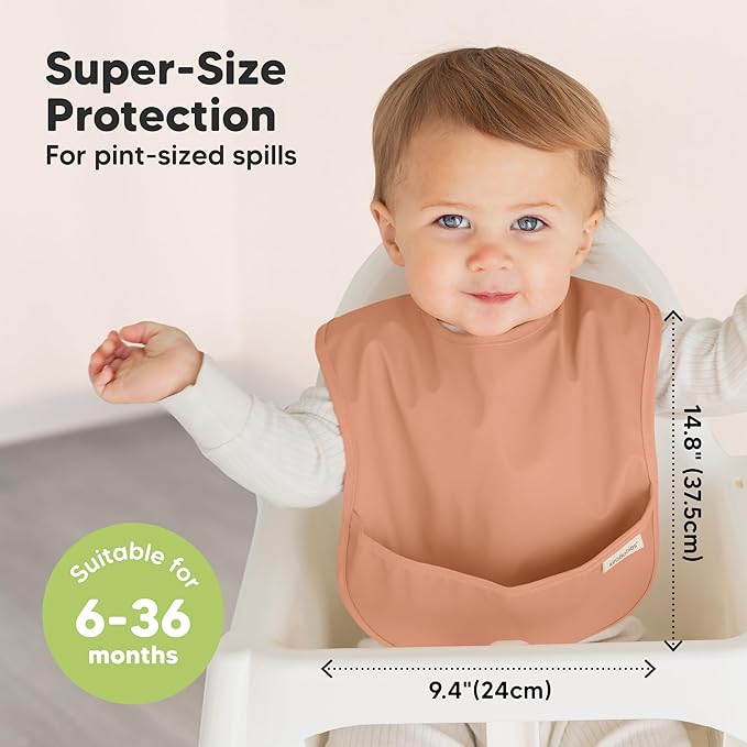 KeaBabies 3-Pack Waterproof Baby Bibs for Eating - Lightweight Toddler Feeding Bibs with Large Food Catcher, Mess Proof, Food-Grade Baby Eating Essentials, Easy to Put On & Clean (Fawn)