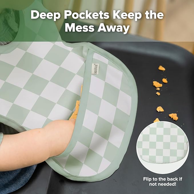 haakaa Waterproof Baby Bibs for Eating, Soft & Lightweight Toddler Bibs with Food Pocket, Easy Wipe Clean, Ages 6–24M, 2 Pack