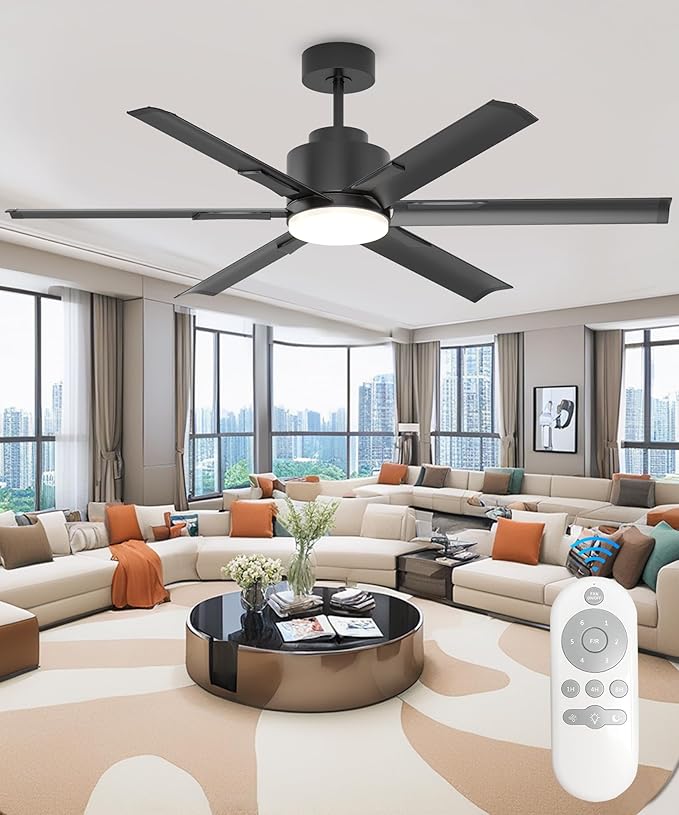 JAYNLT 60 Inch Ceiling Fan with Light,High CFM Industrial LED Fan Lights with 6 Aluminium Blades,Remote Control, Air Reversible 6 Speed 3 Colors Noiseless DC Motor for Kitchen,Shop