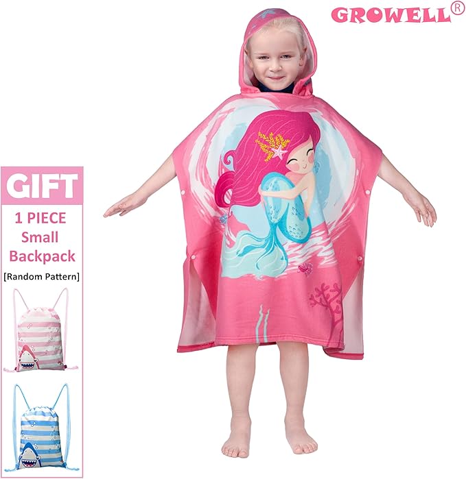 Hooded Kids Beach Towels - Toddler Bath Towel Girls Boys Swim Cover-ups for Ages 4 to 10 Kids Pool Towels Quick Dry Lightweight Soft Microfiber Poncho 30x30 with Bag (Mermaid Smile)
