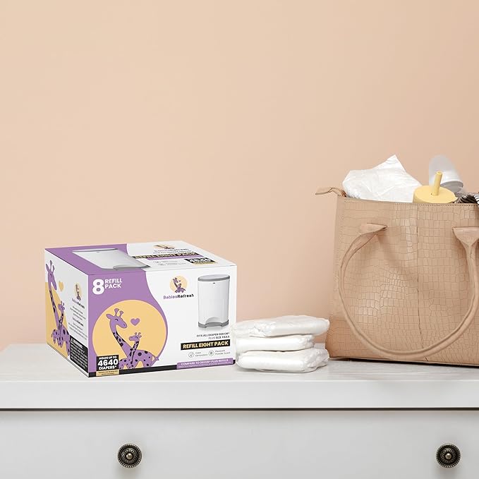 BabiesRefresh Refills Compatible with DEKOR PLUS Diaper Pail Refills | 8 Pack | Diaper Pail Odor Eliminator| Fresh Powder Scent | Each Diaper Bag Refill Holds up to 4640 Diapers | Diaper bin refill