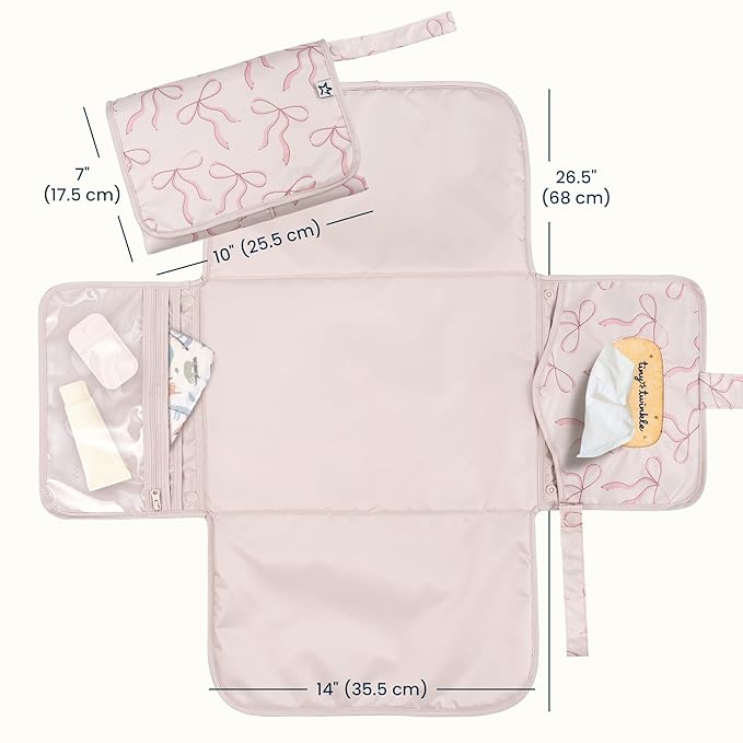 Tiny Twinkle Portable Diaper Changing Pad | Waterproof, Wipeable & Compact Baby Changing Pad for Travel | Smart Wipes Pocket & Organized Storage| Newborn Shower Gift (Bows)