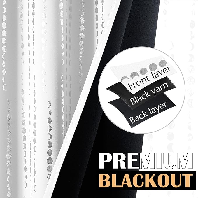jinchan 95% Blackout Boho Curtains 96 Inch Length 2 Panels or Bedroom Curtains Moon Phases Printed Silver Drapes Rod Pocket Back Tab Curtains for Bedroom Nursery Window Drapes