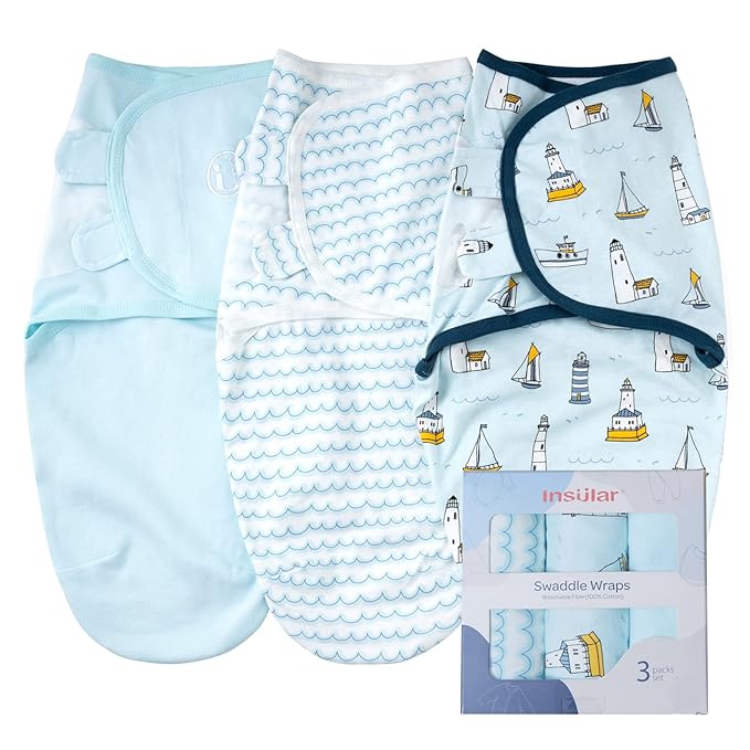 insular Baby Swaddle Wrap, Swaddle Blanket for Newborn and Infant, Adjustable Swaddling Set for Boy and Girl, Soft Cotton Baby Sleep Sack 3 Pack, Ocean, Medium(3-6 Month)