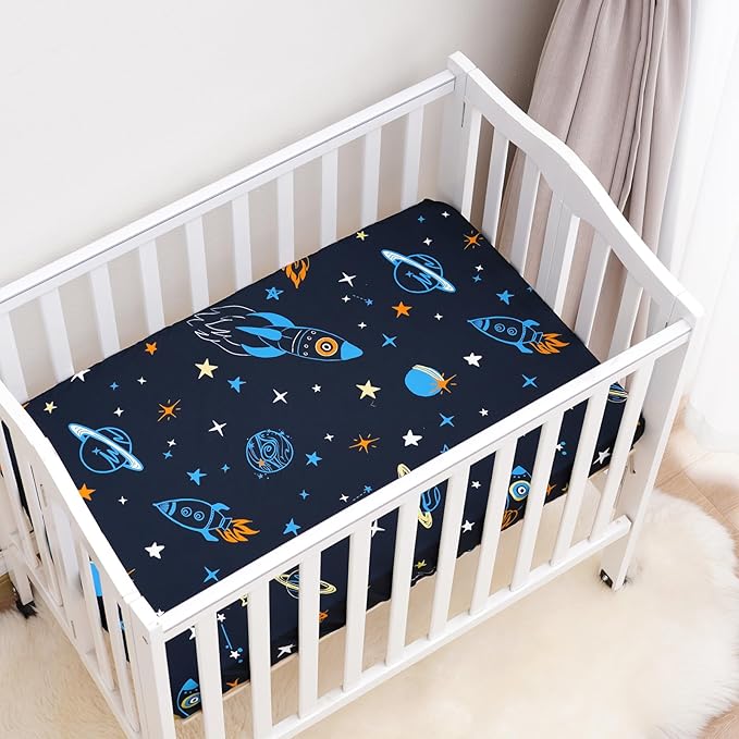 david's kids 3 Pack Mini Crib Sheets, Soft Breathable Premium Pack N Play Sheets for Baby Boys Girls Neutral, Playard and Mini Crib Mattresses, Space