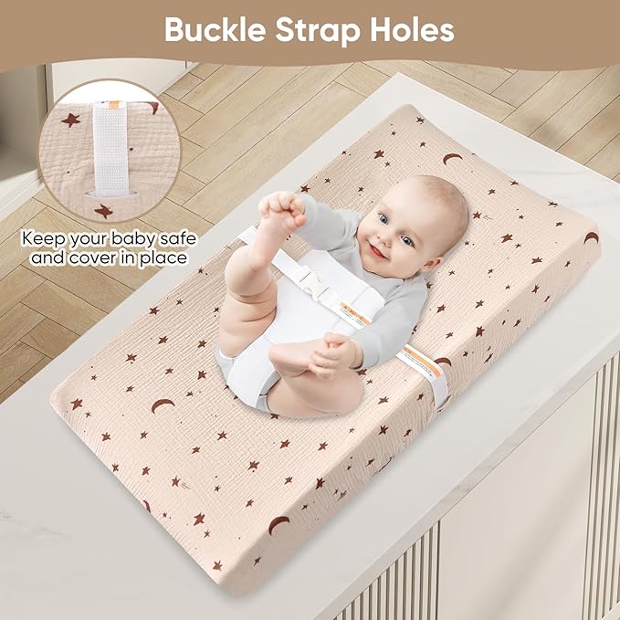 Changing Pad Cover for Baby Girls Boys - 100% Organic Cotton Muslin Changing Pad Sheets with Secure 360° Elastic Fit, Ultra-Soft for Delicate Skin, 2 Pack