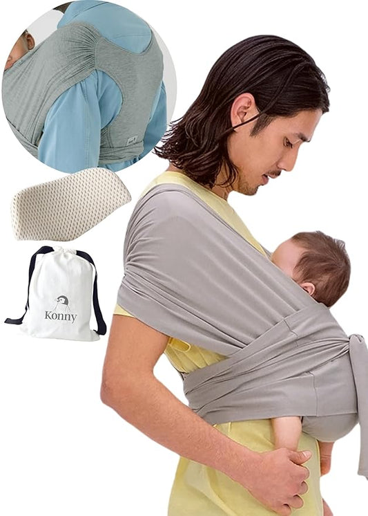 Konny Baby Carrier Flex SoftBreeze with Head Support - Adjustable, Easy to Wear, Hands-Free Breathable Baby Wrap Sling, Perfect for Newborn Babies Essentials up to 44 lbs (XS-XL) - Khaki Grey
