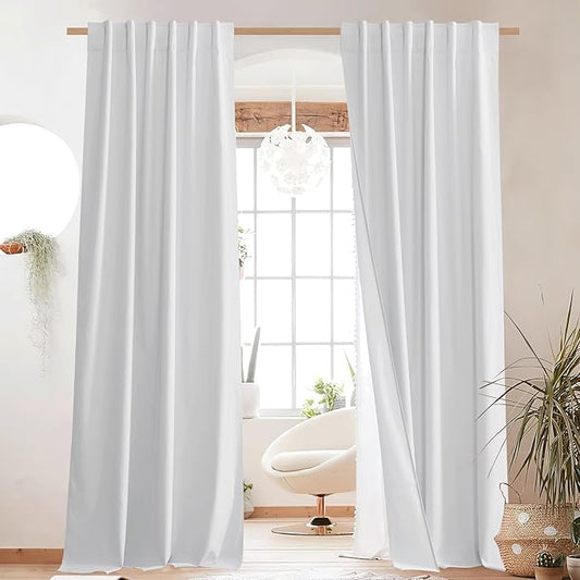 NICETOWN Back Tab 100% Blackout Linen Curtains with Thermal Insulated White Liner, White, 52" Wide, 84" Length Energy Saving Curtains for Living Room 2 Panels Set, Vertical Blinds