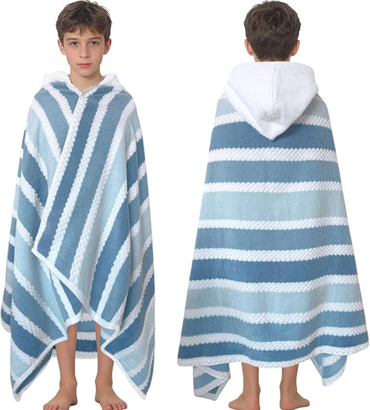 Big Kids Hooded Bath Towel(8-14 Years,64"X33") | Soft Quick Drying Absorbent 100%Cotton Thick Towel Wrap for Teens Boy/Girl | Versatile Beach, Pool, Swim & Bath Cover-Up | Blue Gray Stripe