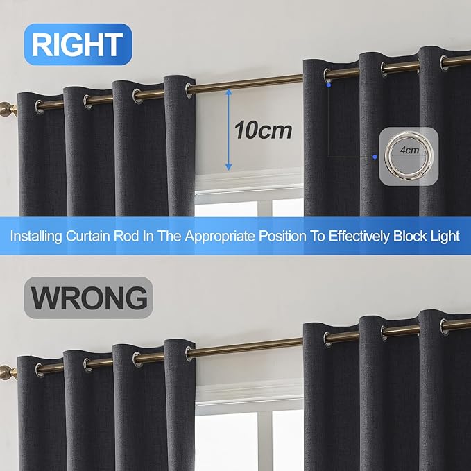 Linen 100% Blackout Curtains for Bedroom, Black Out Curtains 72 Inch Long, Room Darkening Curtains for Living Room, Long Curtain Grommets Drapes, Thermal Curtains(2 Panels, Dark Grey)