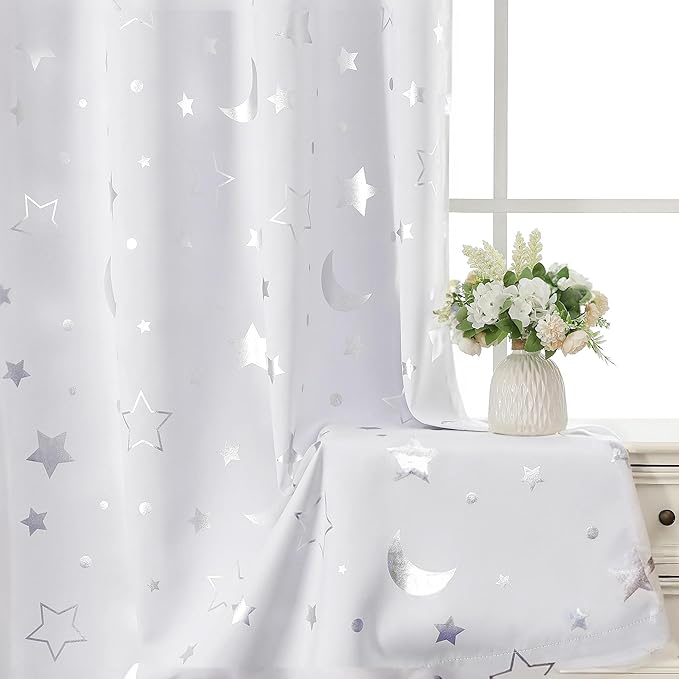 WUBODTI Grey White 100% Blackout Patterned Star Curtains 63 Inch Length for Kids Bedroom Nursery, Cute Baby Short Curtains Silver Star and Moon Galaxy Thermal Insulated Drapes, 2 Panel Sets