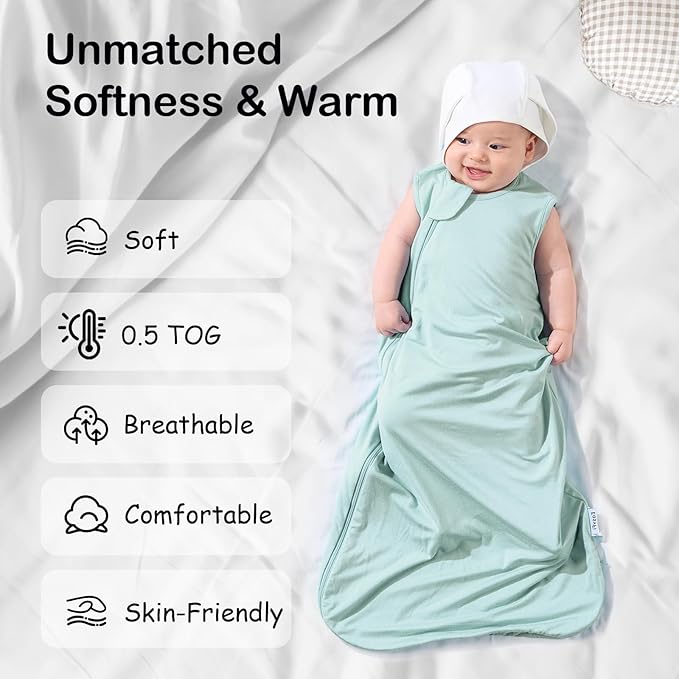 Supersoft Rayon Made from Bamboo Sleep Sack 6-12 Months 0.5 Tog Lightweight Toddler Sleep Sack Baby Wearable Blanket with 2-Way Zipper Summer Unisex Sleeping Bag for Babies (2 Pack) Green & Blue
