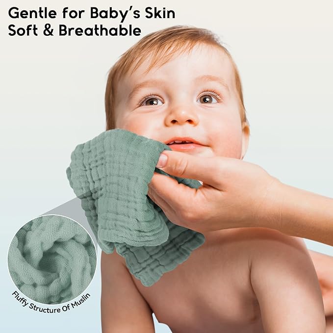 Unnivoll Muslin Baby Washcloths 6 Pack, 100% Cotton Wash Cloths for Babies, Large 12''X12'' Burp Cloths Absorbent and Soft for Newborn Infants Kids Boys Girls - Dark Green
