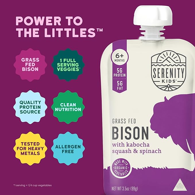 Serenity Kids 6+ Months Baby Food Pouches - 5g Protein-Packed Baby Snacks - Organic Squash & Spinach Vegetable Pouches - Grass-Fed Bison Meat Puree - 3.5 Oz, Pack of 6