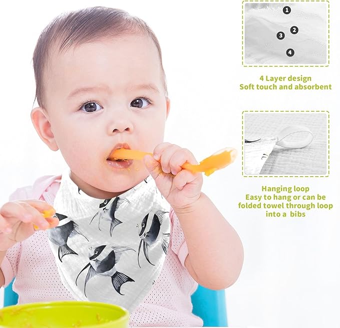 vvfelixl Baby Muslin Washcloths Black and White Angelfish Baby Burp Cloths Cotton Babys Face Towel for Newborn Infants Boys Girls Soft and Absorbent 11.8 X 11.8 in, 3 Pack