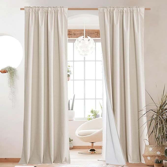 NICETOWN 100% Blackout Linen Curtains for Living Room with Thermal Insulated White Liner, 52" Wide, 2 Panels, 84" Long Drapes, Back Tab Retro Beige Linen Curtains Vertical Drapes Privacy for Bedroom
