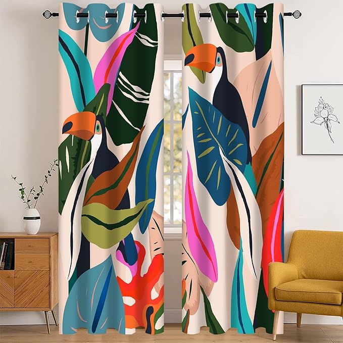 Colorful Tropical Blackout Curtains, Abstract Palm Leaf Boho Jungle Toucan Birds Window Drapes, Darkening Grommets for Living Room Bedroom Decor 2 Panels 52"X84" Inches