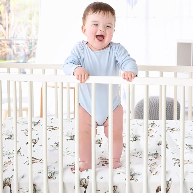 LifeTree Crib Sheets for Baby Unisex - Muslin Fitted Crib Sheets Toddler Bed Sheet, 70% Viscose from Bamboo and 30% Cotton, Fits Mini Crib & Pack and Play Playard, Mallard Duck, 26in x 38in