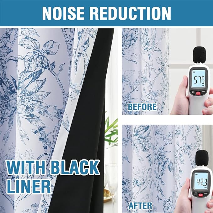 H.VERSAILTEX 100% Blackout Curtains for Bedroom Camellia Floral Blackout Curtains 96 Inches Long Light Blocking Window Treatment Curtains with Black Liner Grommet Thermal Drapes, 2 Panels, Stone Blue