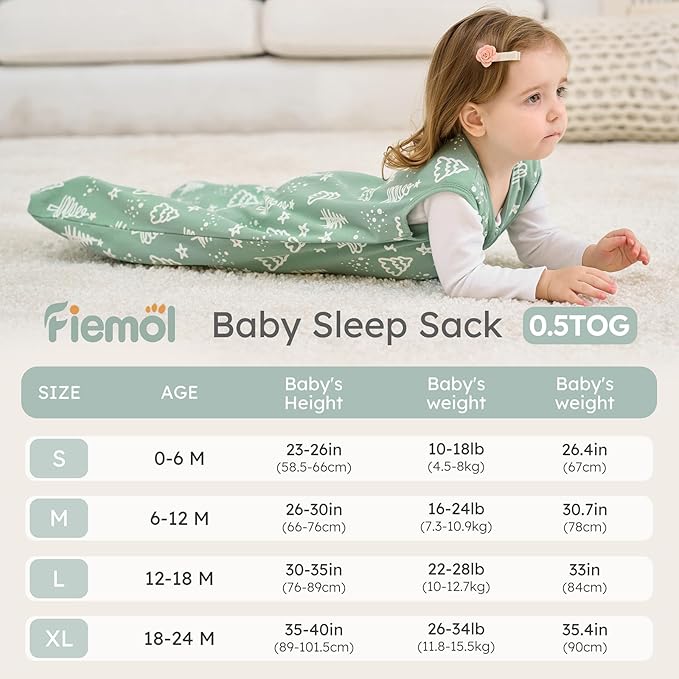 FIEMOL Baby Sleep Sack 6-12 months, 100% Cotton Sleeping Sack for Newborn and Infant, 3 Pack Baby Wearable Blanket for Boy and Girl, 0.5 Tog Lightweight Double Zipper Sleep Bag Green Apricot Bear