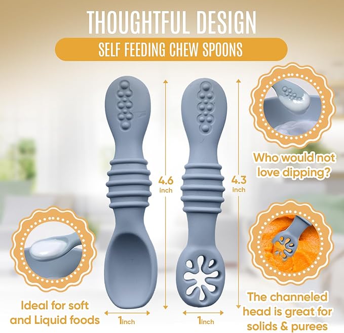HippoBaby 4pc Silicone Baby Spoons Self Feeding Baby Utensils 6-12 Months - 3 Baby Spoon - 1 Baby Fork - Toddler Cutlery Set - BPA Free, Dishwasher Safe - Baby Eating Essentials (Gray/Beige)
