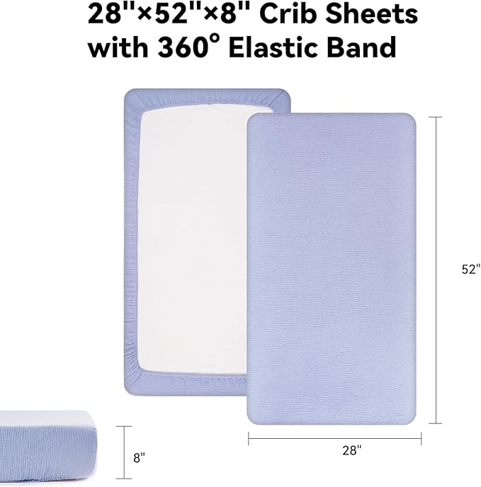 TILLYOU 2 Pack Muslin Crib Sheets for Boys and Girls, 100% Cotton Fitted Crib Sheet for Toddler 52x28 Standard Crib Mattress, Grey and Blue