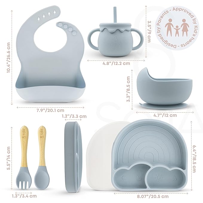 SofiAl All In One Silicone Feeding Set - Safe for 6-12 Months - Non-Toxic Baby Led Weaning Supplies - Toddler Self Feeding Utensils - BPA-Free - Mess Free Essentials