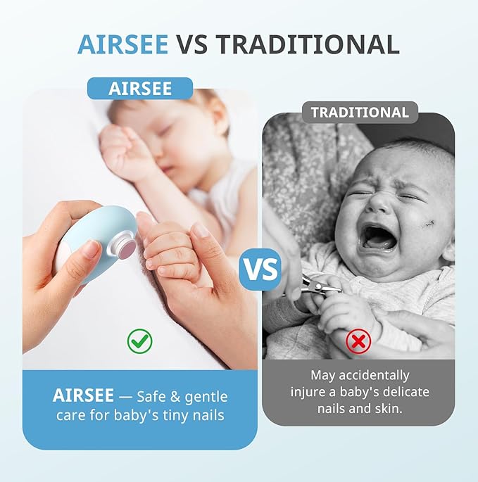 AIRSEE Premium Newborn Gift, Electric Baby Nail File, Cordless Safe Infant Nail Trimmer with 6 Replacement Pads, Magnetic Rechargeable Base, 360° LED Light, Baby Grooming Kit Gift (Light Blue)