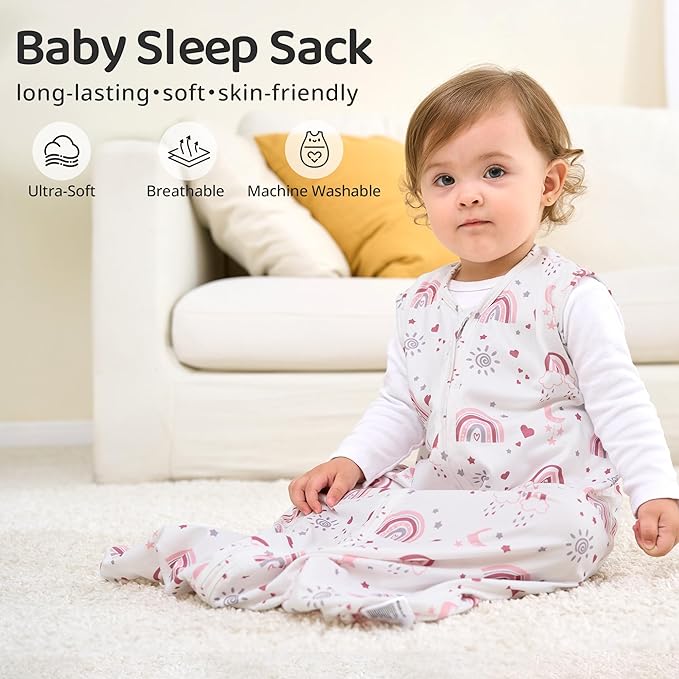 FIEMOL Baby Sleep Sack 12-18 Months, 0.5 TOG Wearable Blanket for Baby Boy and Girl, 2-Way Zipper Toddler Sleeping Bag 2 Pack, Lightweight Sleep Sacks Pink Rainbow（Large）