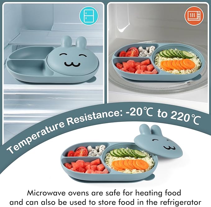 Silicone Baby Plate,Toddler plates,Self-feeding of infants after weaning, 100% Food Grade Silicone, BPA Free, Baby Dinnerware, Baby Plates With Suction, Divided Plate for Babies(blue)