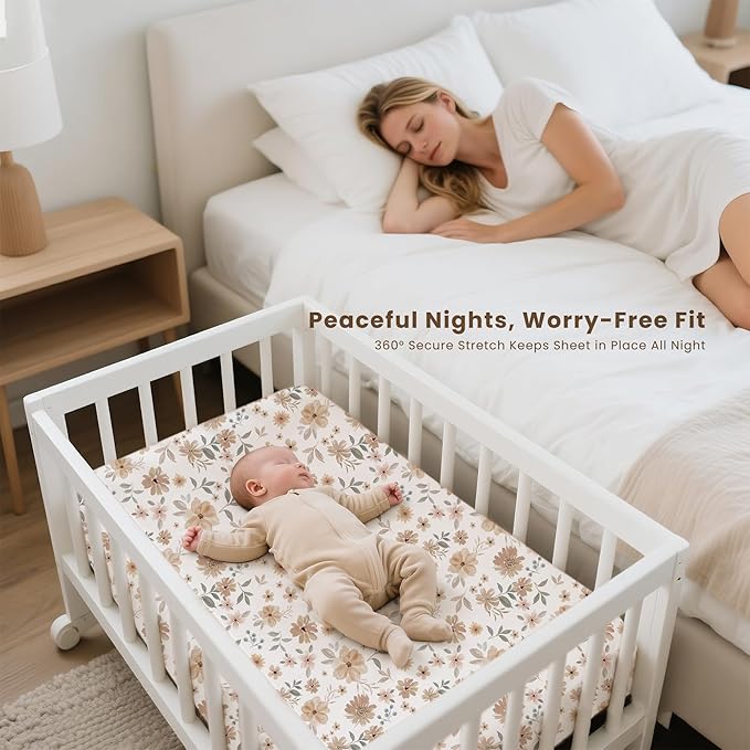 Konssy 3 Pack Stretchy Bassinet Sheets for Baby Girl Boy, Soft Breathable Baby Bassinet Mattress Sheets Fit for Hourglass Oval Cradle, Moses Basket Rectangle Mattress (Flourish)