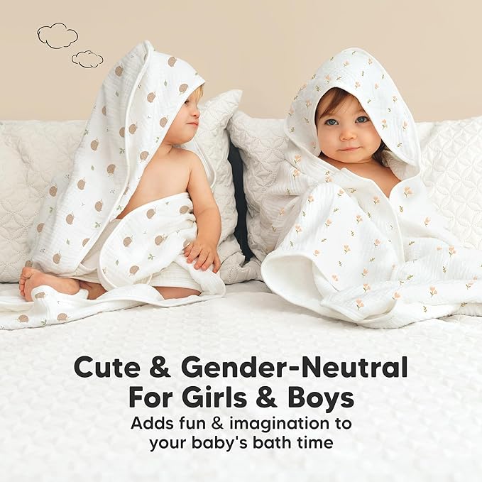KeaBabies Muslin Baby Bath Towels with Hood for Girls, Boys -Large Organic Cotton Hooded Baby Towels for Newborns,Toddlers,Infant,Kids,Soft Absorbent Newborn Bath Essentials Gift Set(Tulips, Regular)