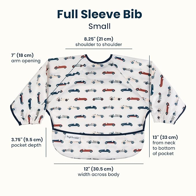 Tiny Twinkle Long Sleeve Bib for Babies & Toddlers | 2-Pack Waterproof Smock Bib for Eating | Machine Washable & Mess-Proof Feeding Essentials | Newborn Shower Gift (Cars,Flags,6-24M)