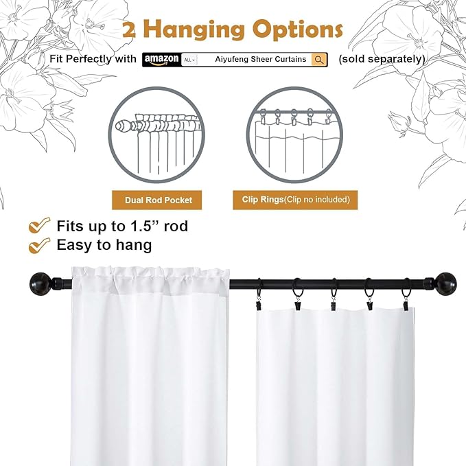Aiyufeng Pure White Curtains for Bedroom 45 Inches Long 2 Panels Set, Room Darkening Window Treatment, Short Curtain Drapes, Soft Touching Casual Rod Pocket Privacy Curtains, W40 x L45 Inch