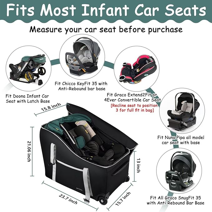 Infant Car Seat Travel Bag Backpack for Airplane, Fits Doona Car Seat Stroller and Base, Padded Carseat Cover for Air Travel, Nuna Pipa Car Seat Travel Bag with Wheels