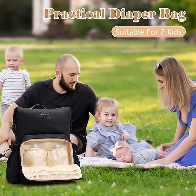 miss fong Diaper Bag Backpack - Baby Diaper Bag Neoprene Bag Large Capacity Neoprene Backpack with Diaper Changing Pad Pañaleras Para Bebe Baby Backpack with 12 Pockets for Mom & Dad -Black
