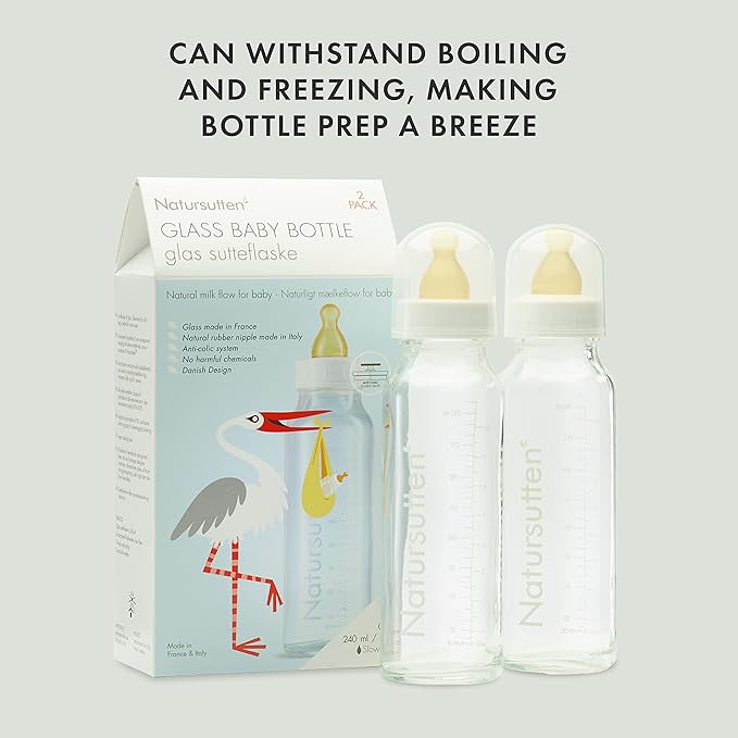 Natursutten Anti-Colic Glass Baby Bottle 2-Pack - 8 Ounce Bottles for Breastfeeding Babies - Newborn Bottles Set: Natural Rubber Slow-Flow Bottle Nipples, Seals, Valves, Baby Bottle Caps