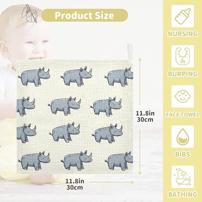 vvfelixl Baby Muslin Washcloths Cartoon Rhino Stick Figure Baby Burp Cloths Cotton Babys Face Towel for Newborn Infants Boys Girls Soft and Absorbent 11.8 X 11.8 in, 3 Pack