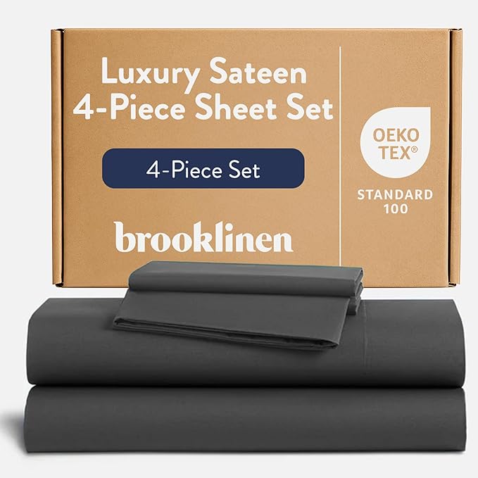 Brooklinen Luxury Sateen 4 Piece Sheet Set - 100% Cotton Bed Sheets, Soft & Durable Twin Sheets Set in Slate Grey, Oeko-TEX Certified Bedding Set, 1 Fitted Sheet, 1 Flat Sheet, 2 Pillowcases