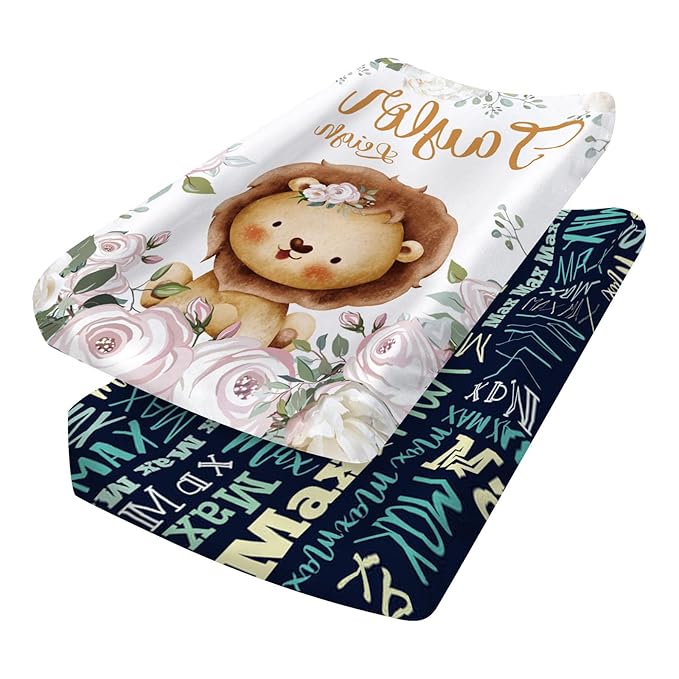 Custom Changing Pad Cover Set - Jersey Knit Ultra Soft Unisex Waterproof Diaper Changing Table Covers with Personalized Name for Baby Boys Girls - Comfy Cozy 2 Pcs Set Style09