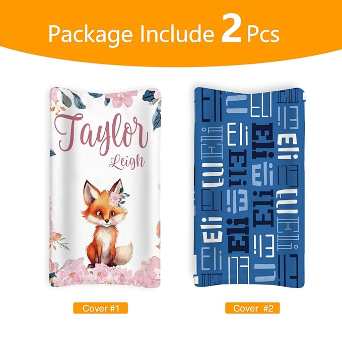 Custom Changing Pad Cover Set - Jersey Knit Ultra Soft Unisex Waterproof Diaper Changing Table Covers with Personalized Name for Baby Boys Girls - Comfy Cozy 2 Pcs Set Style07