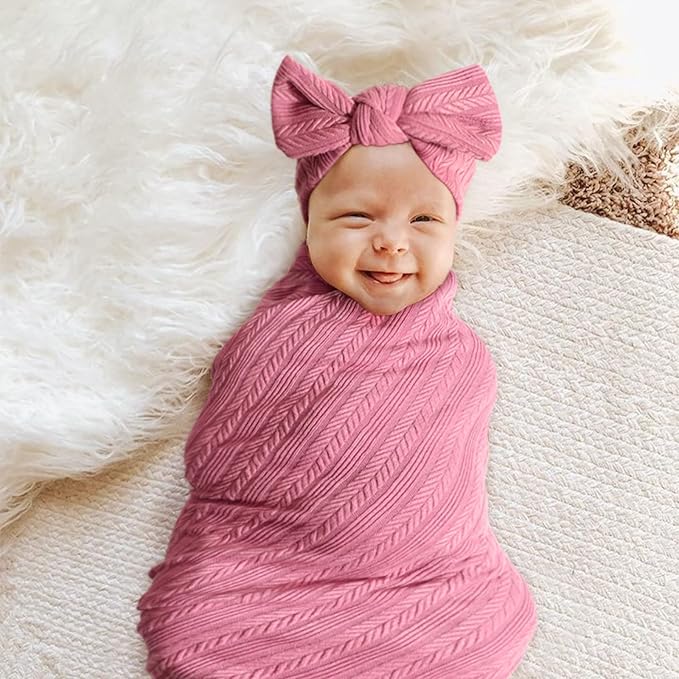 DRESHOW BQUBO Baby Swaddle Blankets for Girls, 4PCS Newborn Accessories Set with Matching Hat and Bow Headband with Hello World Wooden Birth Announcement Card