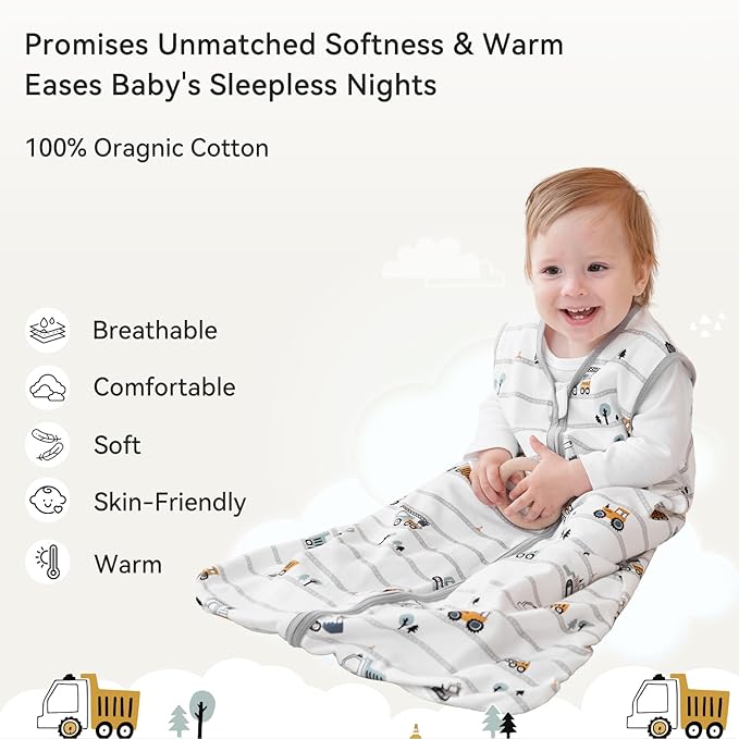 Unnivoll Baby Sleep Sack 0-6 Months 0.5 Tog Wearable Blanket Baby, 3 Pack 100% Cotton Lightweight Sleeping Sack with 2-Way Zipper for Newborn Infant Excavator