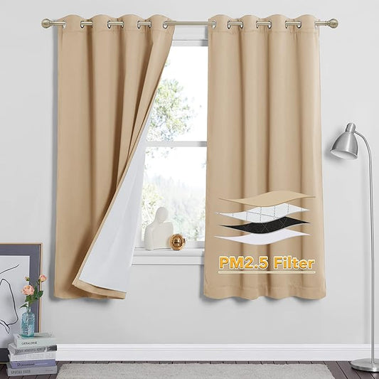 RYB HOME Particle Filtering Curtains Total Blackout Noise Reducing Window Treatment Dust Filter Thermal Insulated Drapes for Studio Laundry Room Furance, Biscotti Beige, W52 x L63 inch, 2 Panel