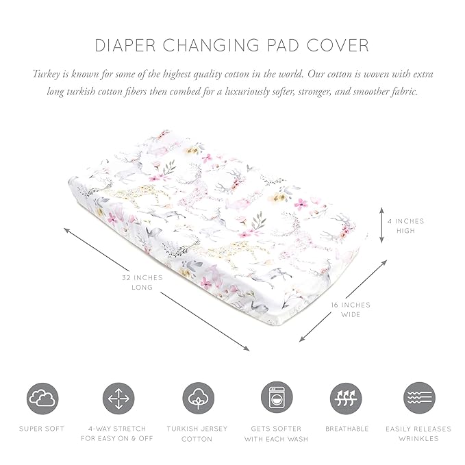 Oilo Changing Pad Cover, Breathable Turkish Cotton Fitted Jersey, 300 Thread Count, Machine Washable, Fits Standard Changing Pads (32" x 16"), Girl, Boy, & Neutral Nursery Design, Fawn